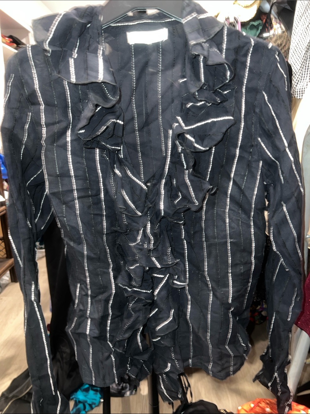 Euro Anne Fontaine Y2K zip up Ruffled Striped bell cuff cotton corset back shirt